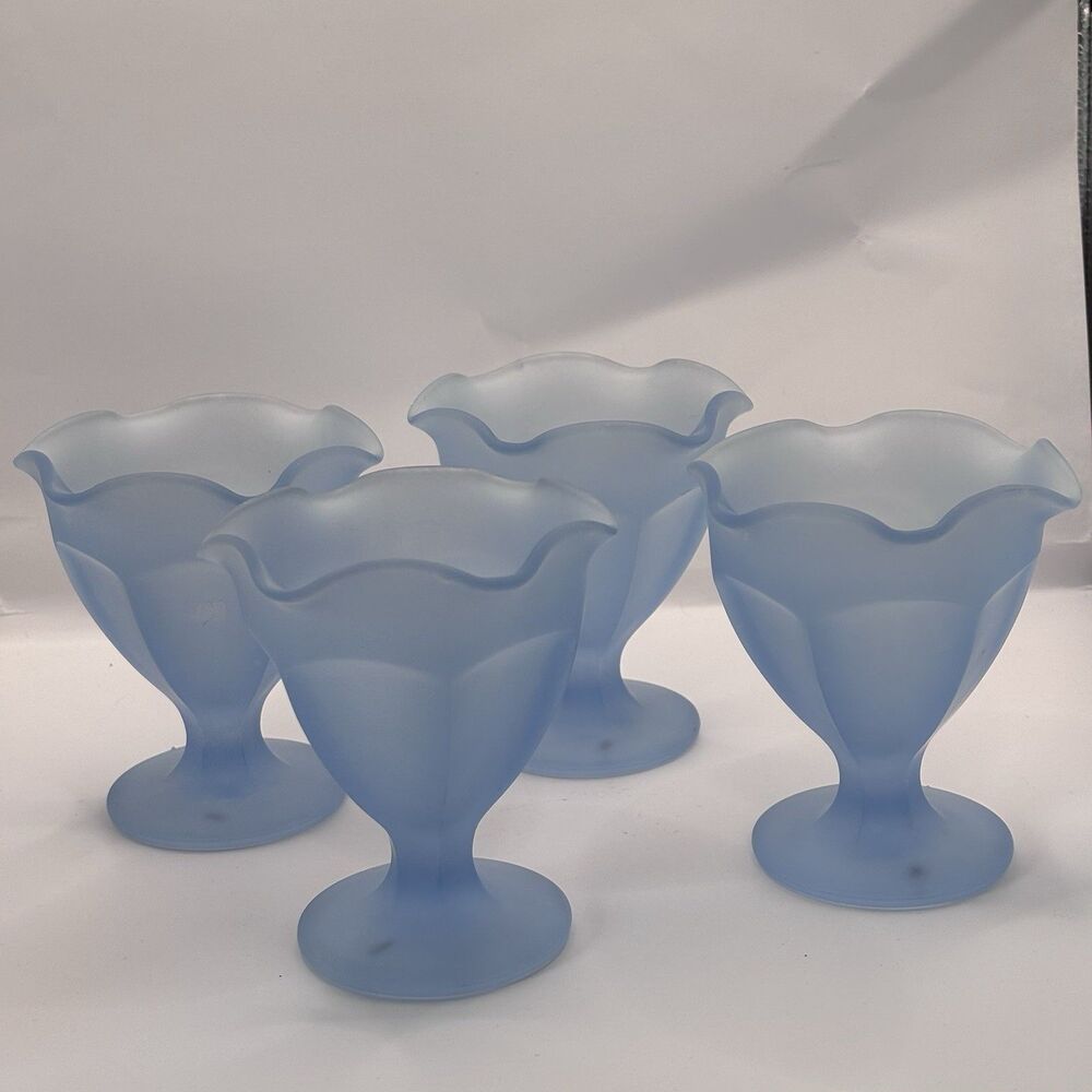 Vintage Indiana Glass Co Frosted Blue Sundae Dishes Fountainware line Cups set 4